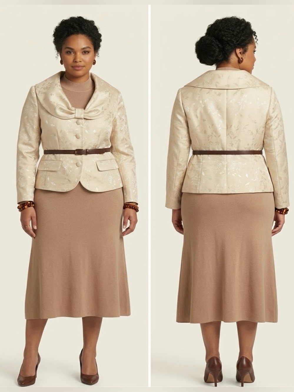 Nicolette champagne jacquard bow collar formal jacket Size 12 (Belt NOT included